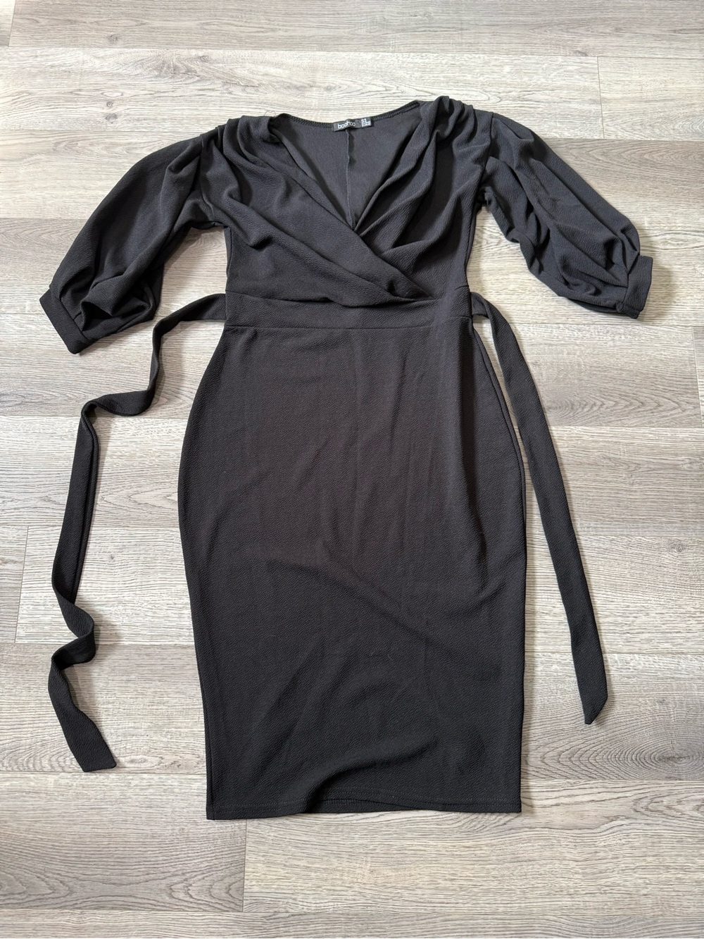 Boohoo UK Black Wrap-Style Midi Dress with Puff Sleeves